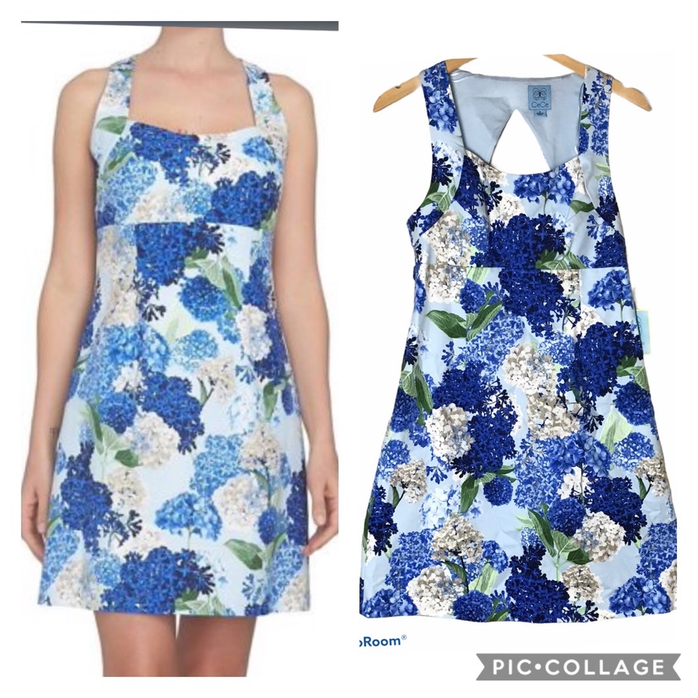 CECE Spring Meadow Smoke Blue Floral Cut Out back Dress 6